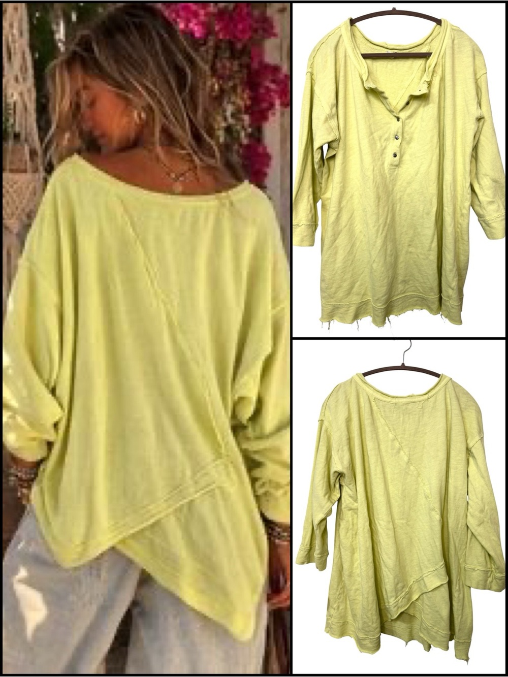 Free People 100% Cotton Oversized Lemon Lime Terry Pullover Beach Bonfire